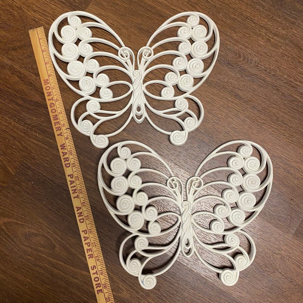 Vintage 1976 Burwood Products White Butterfly Wall Hanging Set Pair MCM Boho